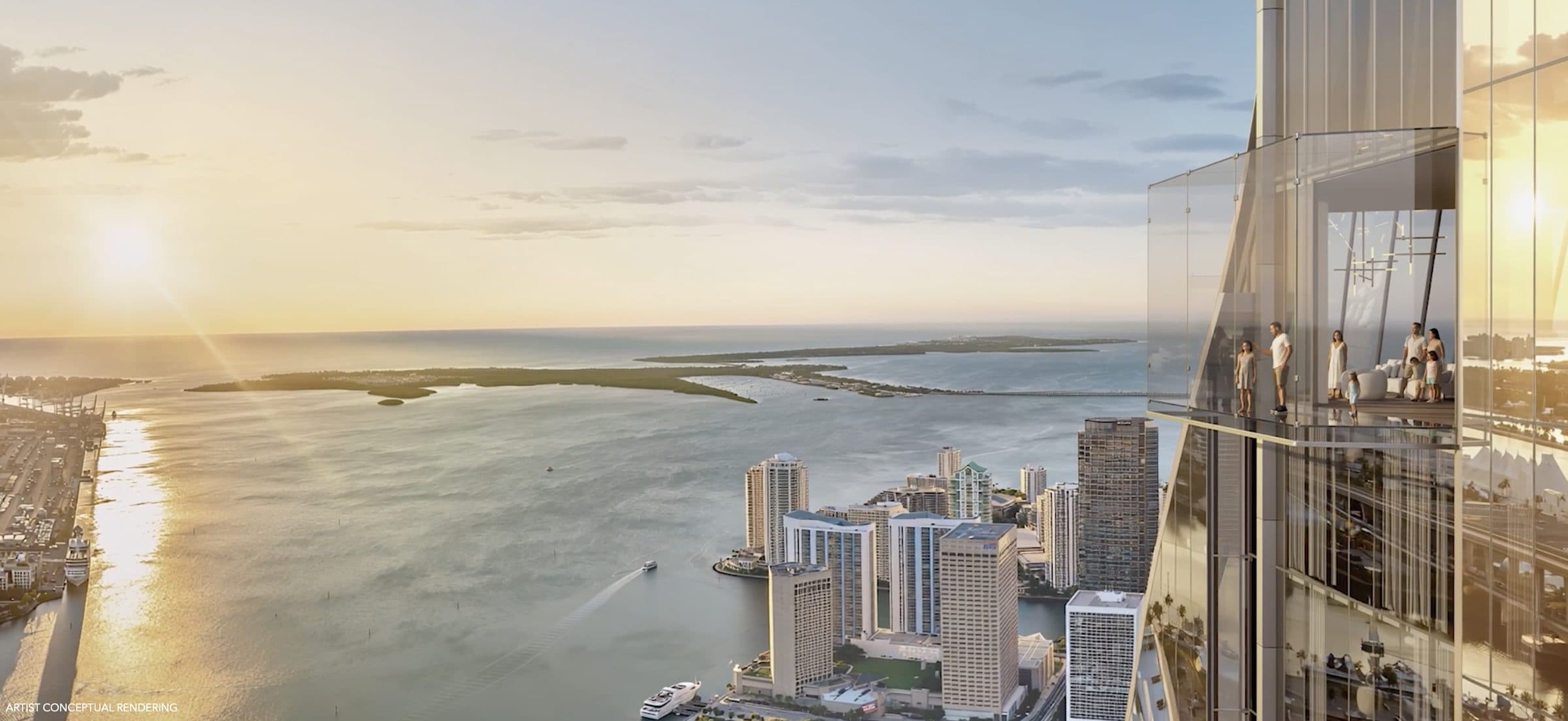 Vista sobre la bahía de Biscayne y Brickell Key desde una torre de Downtown Miami