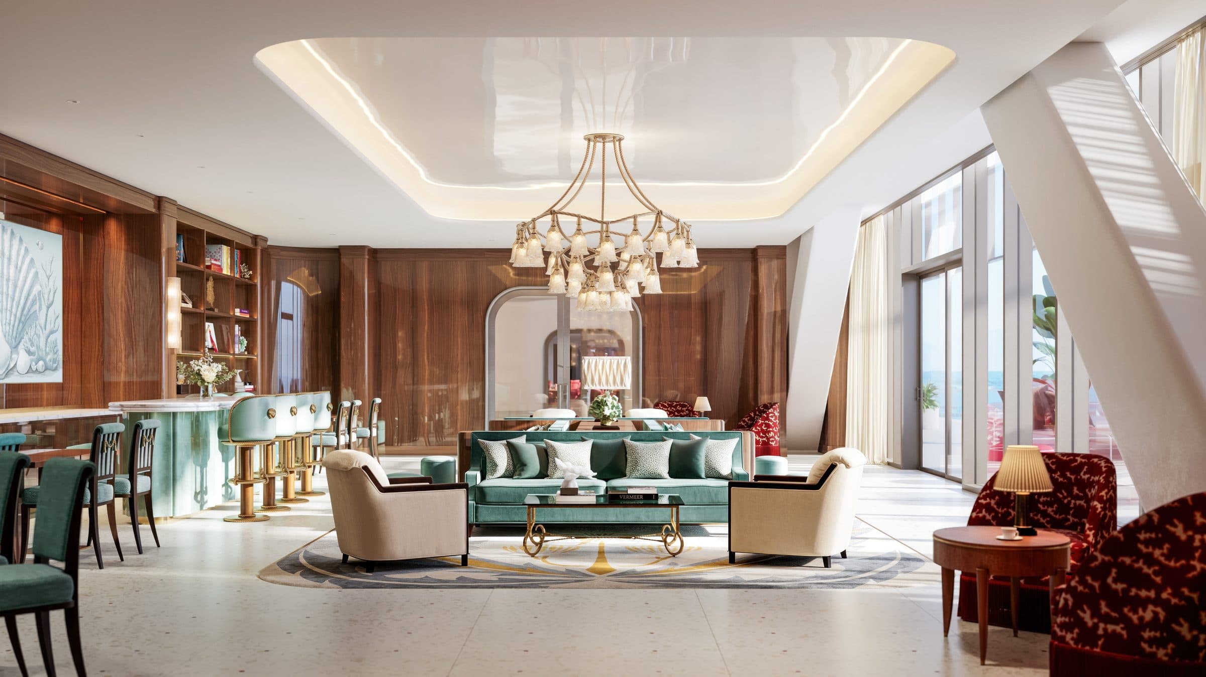 Wood-paneled library lounge
