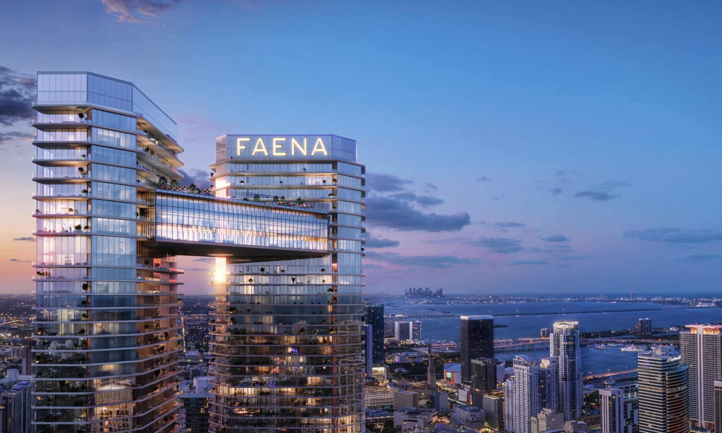 Faena Residences Miami — twin towers joined by a sky bridge above the Miami River