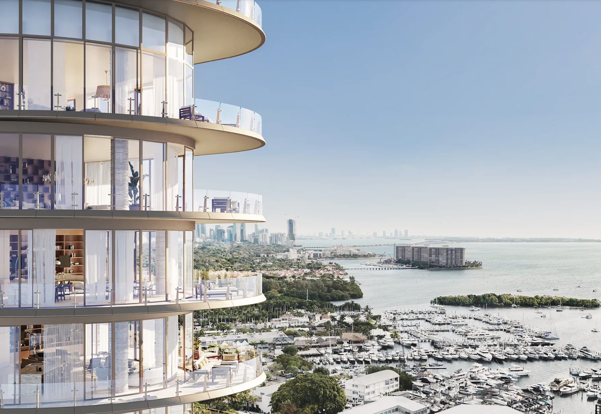 Four Seasons Private Residences Coconut Grove — curved terraces above Dinner Key marina and Biscayne Bay