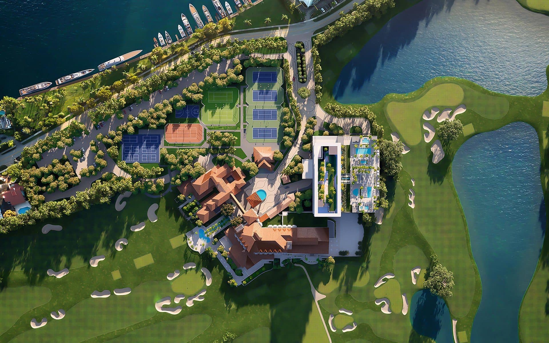 The Residences at Shell Bay, Auberge Collection — aerial view of the resort, golf course and marina