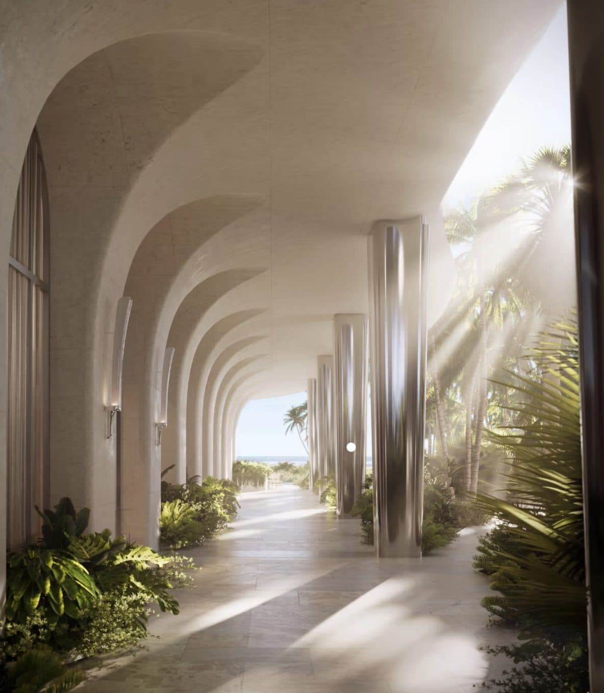 The Shore Club Private Collection — garden arcade leading to the beach