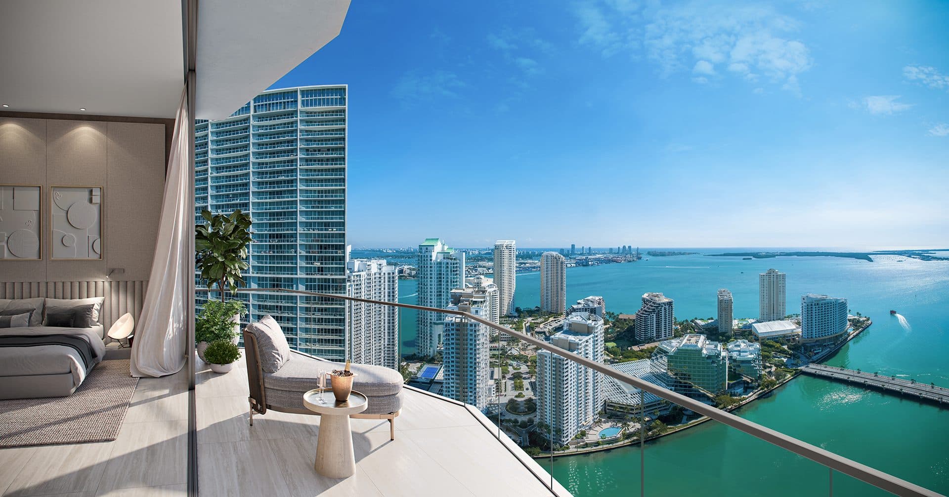 Viceroy Brickell — bedroom balcony with Biscayne Bay views