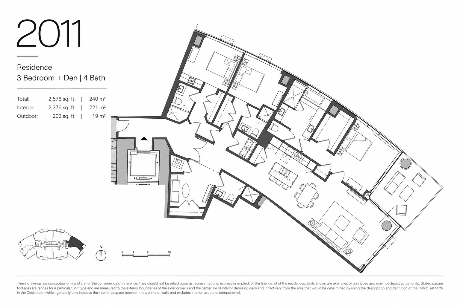 Plano acotado de la Residencia 2011: 3 habitaciones más estudio, 4 baños