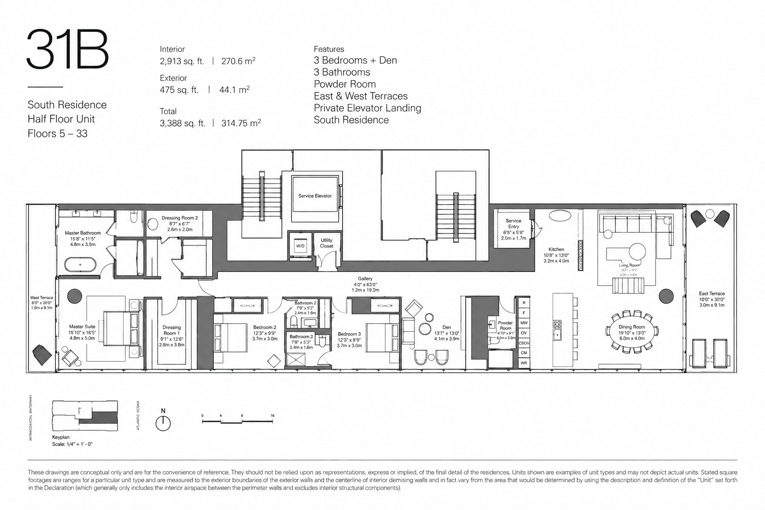 Plano de medio piso de la Residencia 31B: 3 habitaciones más estudio, con terrazas este y oeste
