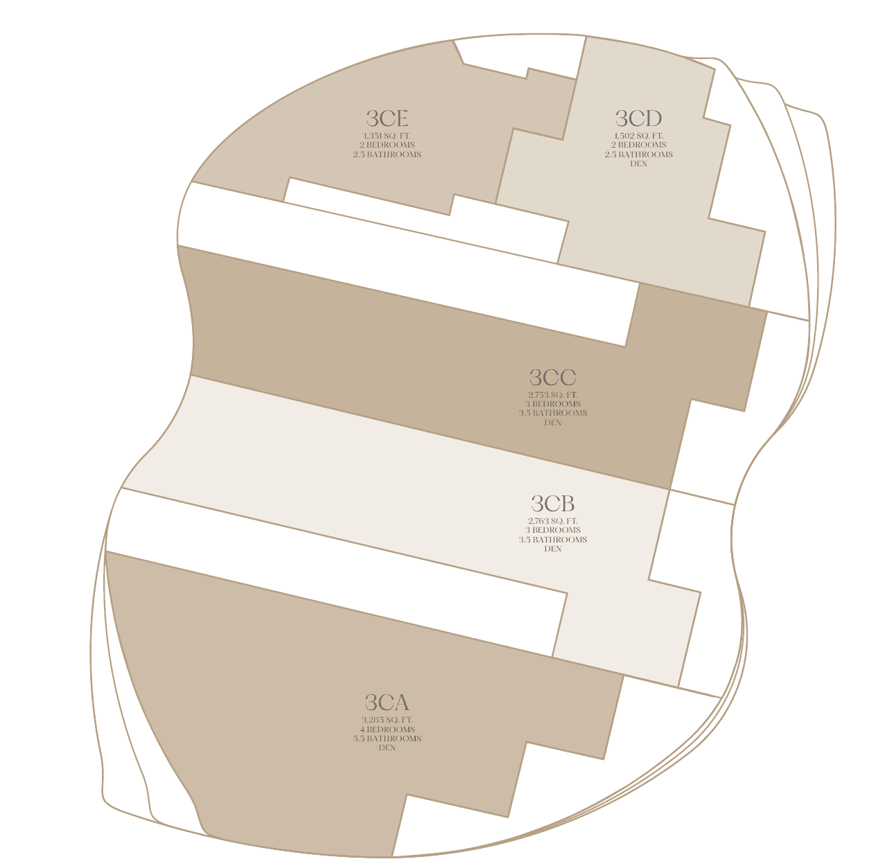 619 Brickell Collection Three floor plate with residences 3CA to 3CE