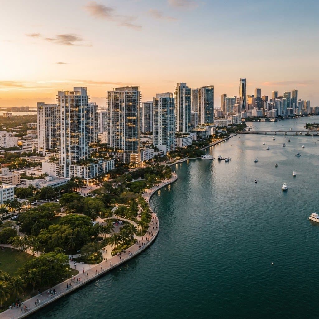 Vista aérea de Edgewater, Miami, sobre la bahía de Biscayne al atardecer