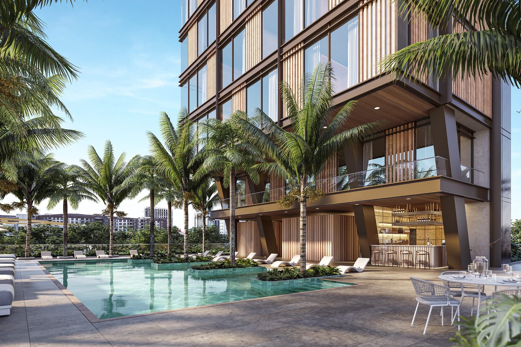 Render de la terraza de piscina de bienestar en la azotea de OKIRA