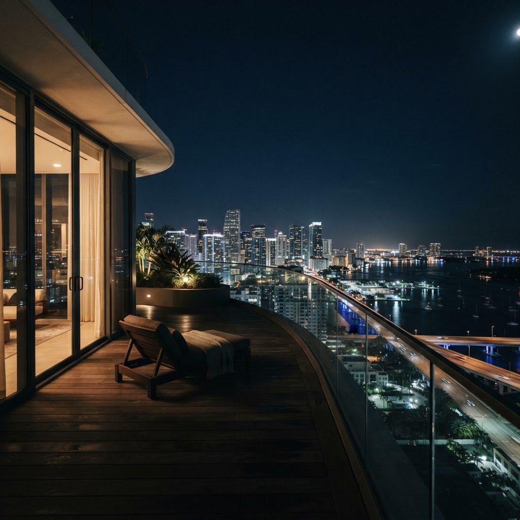 Penthouse 5303 terrace at night above the illuminated Miami skyline