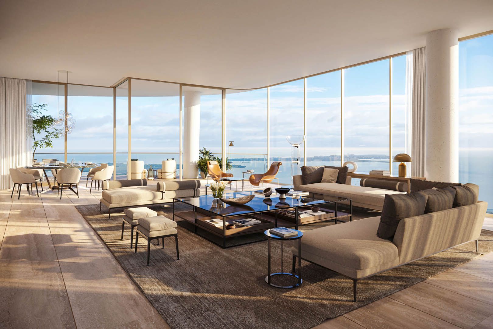The Residences at 1428 Brickell — residence living room with Biscayne Bay views