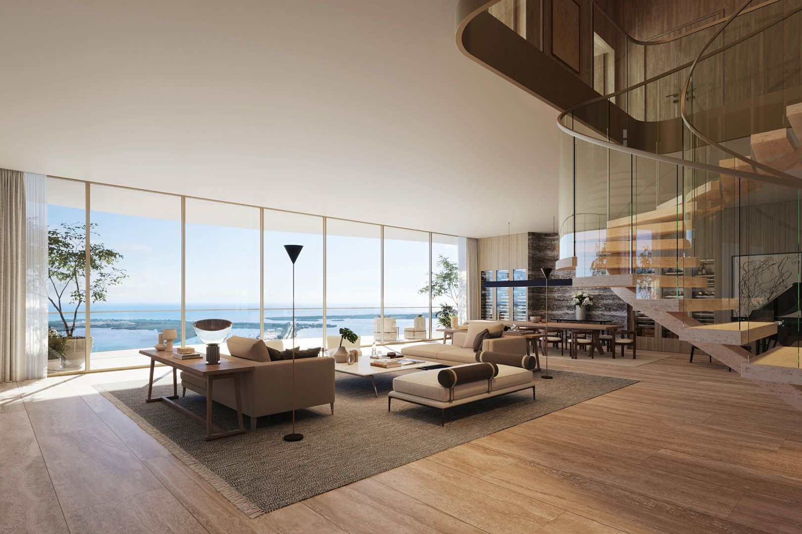 The Residences at 1428 Brickell — penthouse great room with sculptural staircase