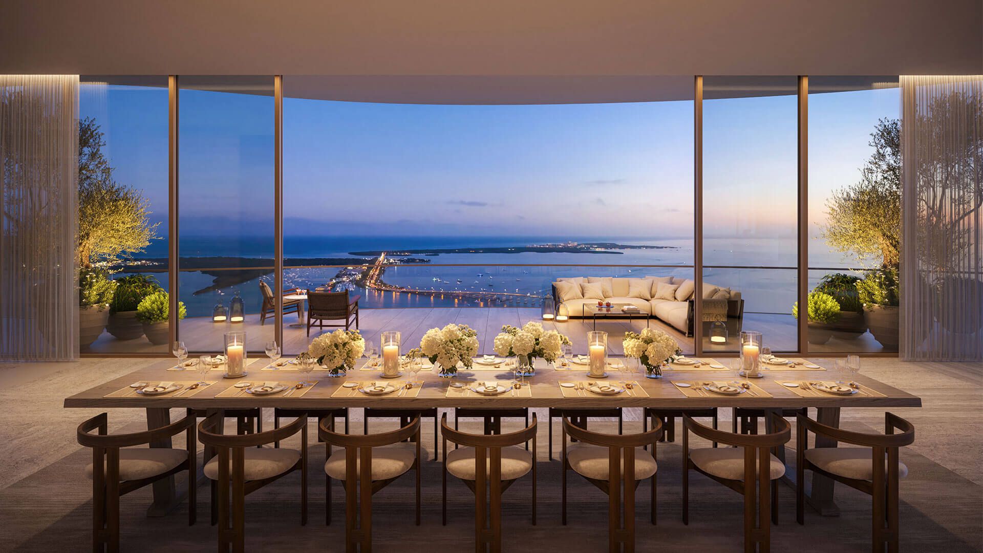 The Residences at 1428 Brickell — penthouse dining room at dusk