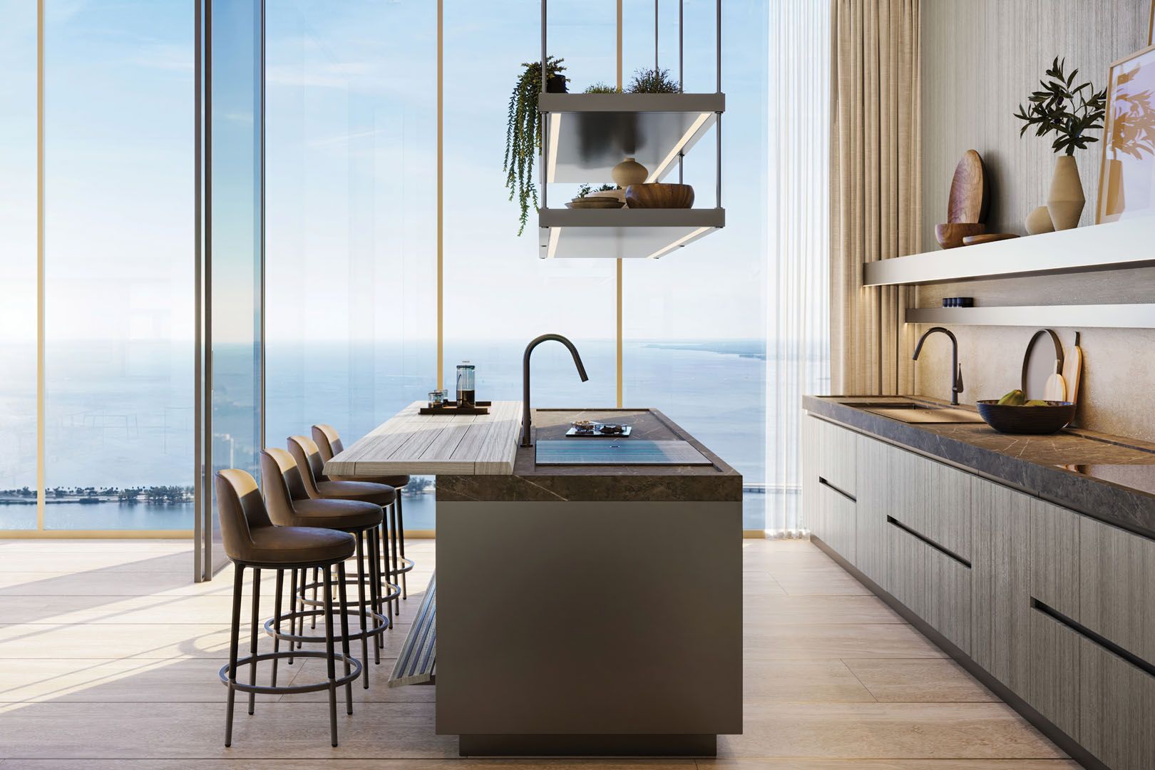 The Residences at 1428 Brickell — kitchen island with water views
