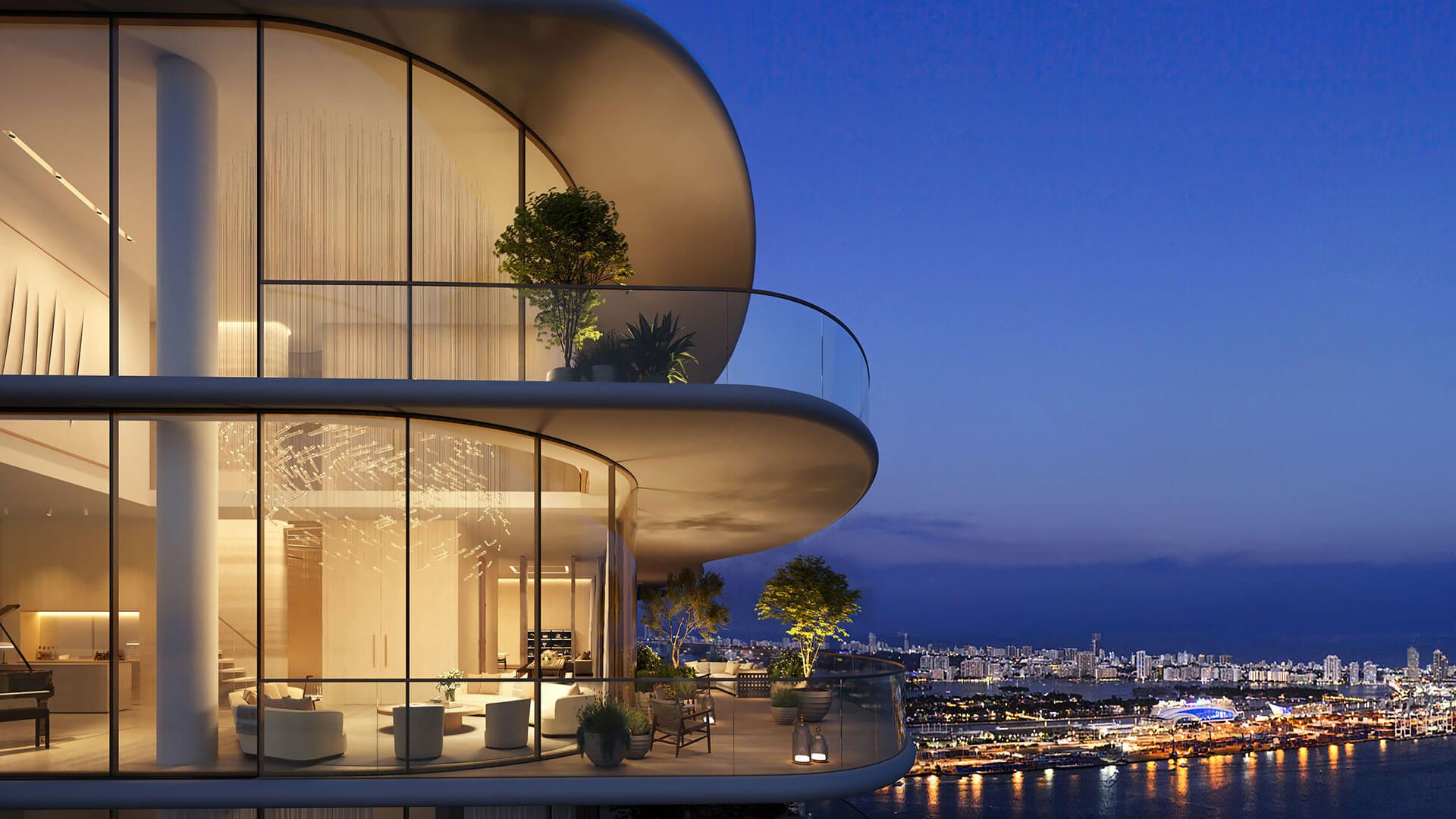 The Residences at 1428 Brickell — penthouse terraces at night