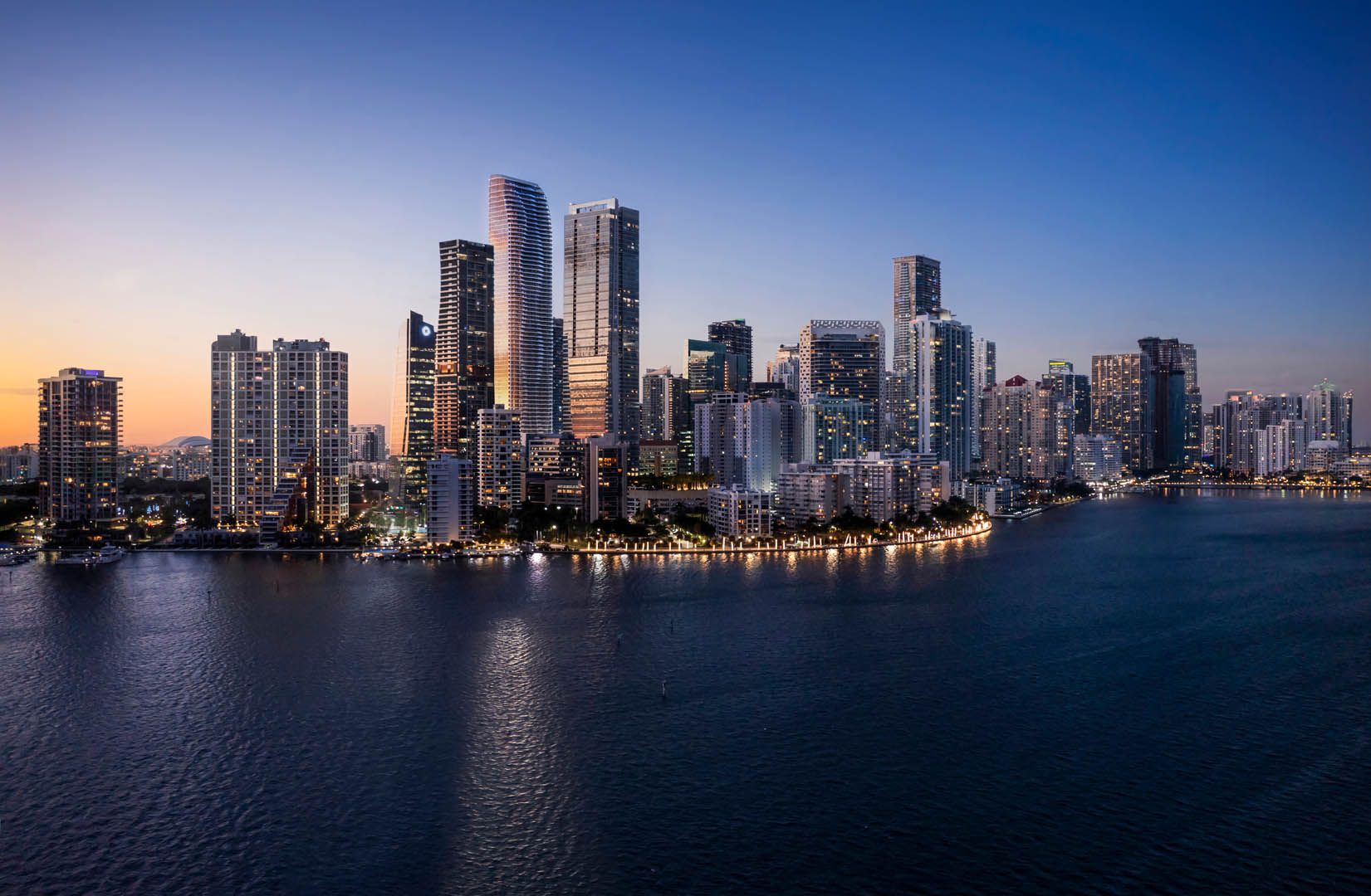The Residences at 1428 Brickell — Brickell skyline from Biscayne Bay at dusk