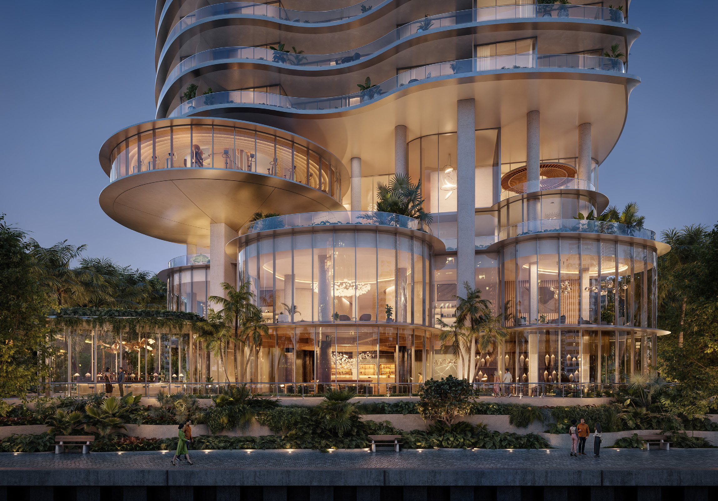 619 Brickell by Nobu — sculpted podium and Nobu restaurant at dusk