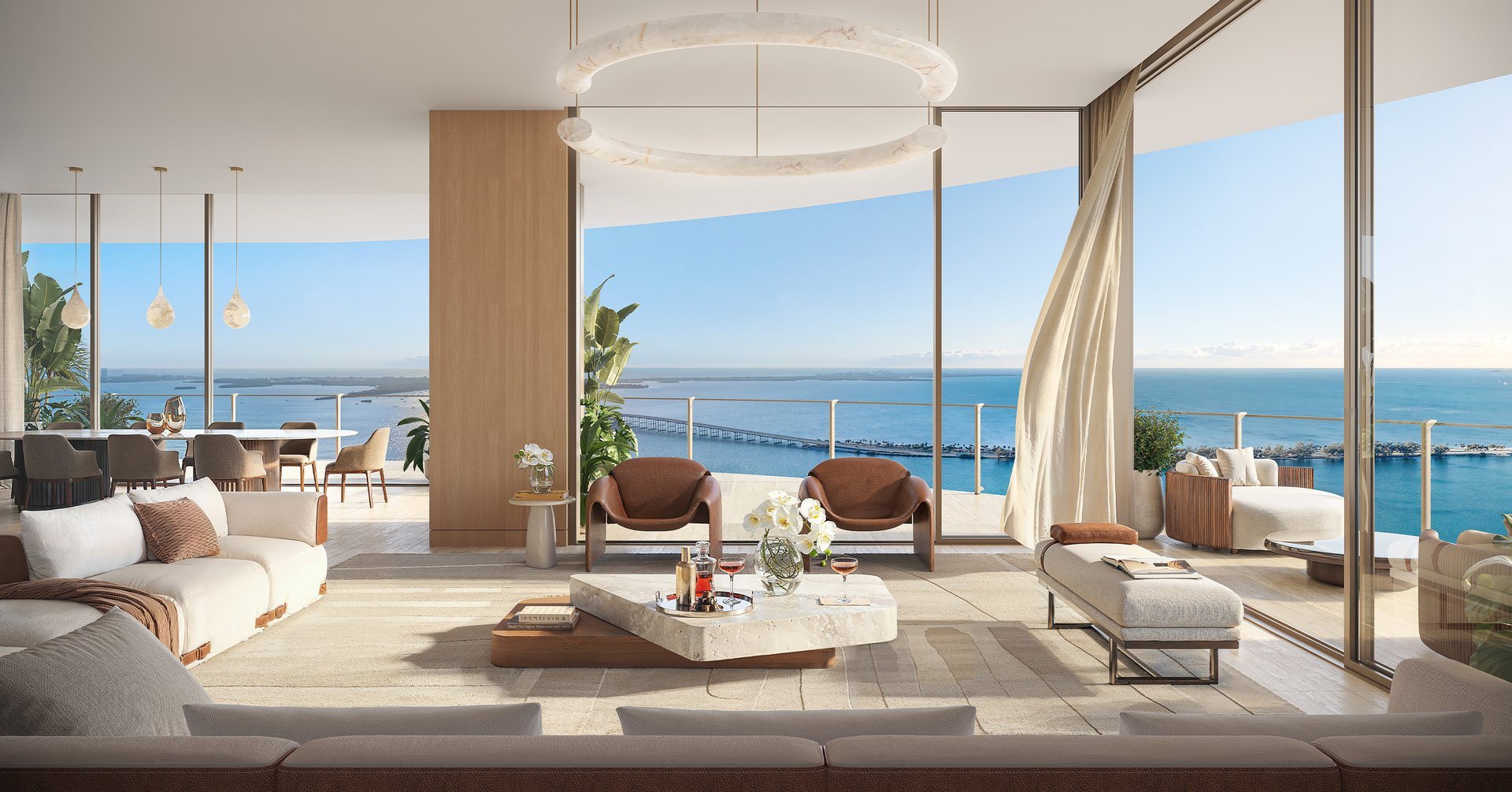 619 Brickell by Nobu — living room with panoramic Biscayne Bay views