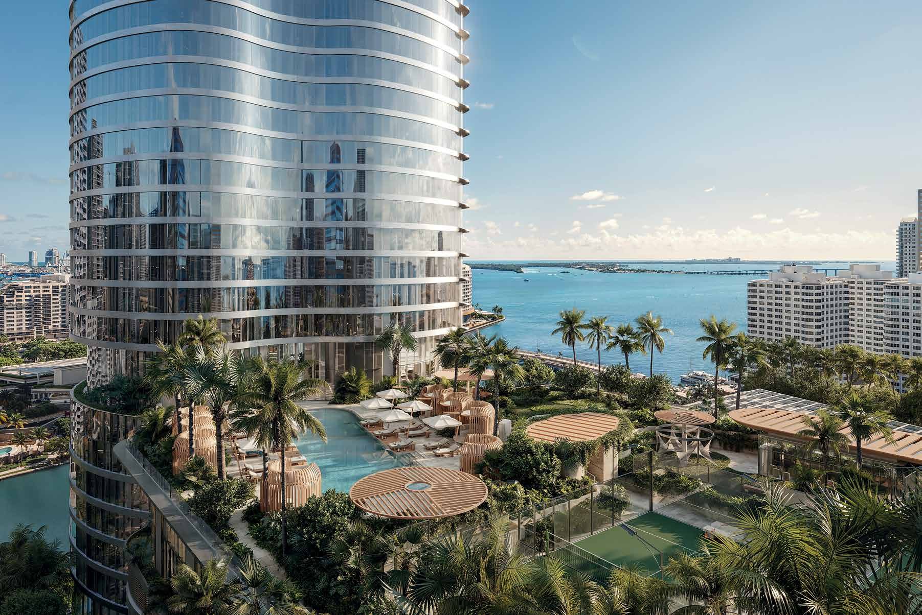 619 Brickell by Nobu — podium deck with pool, cabanas and padel courts