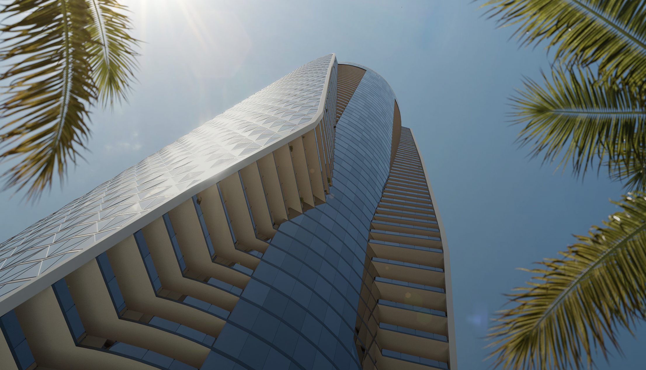 Bentley Residences Miami — the glass facade seen from below, framed by palms