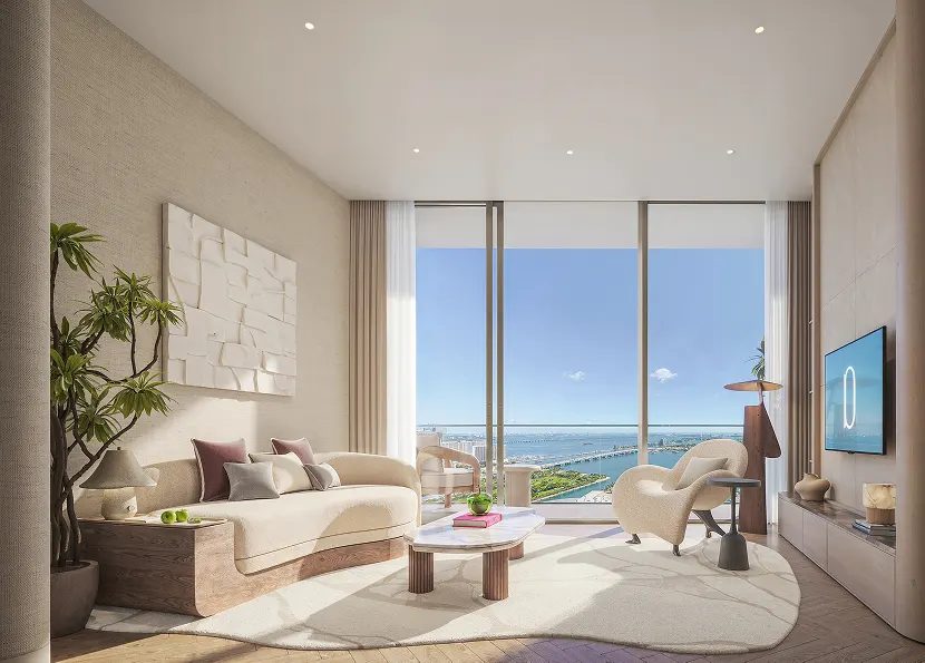 Delano Residences & Hotel Miami — living room with bay views