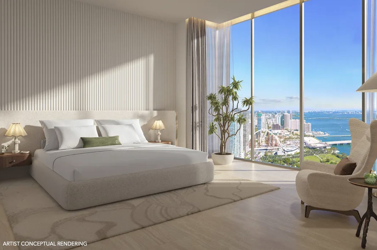 Delano Residences & Hotel Miami — bedroom with views of the bay