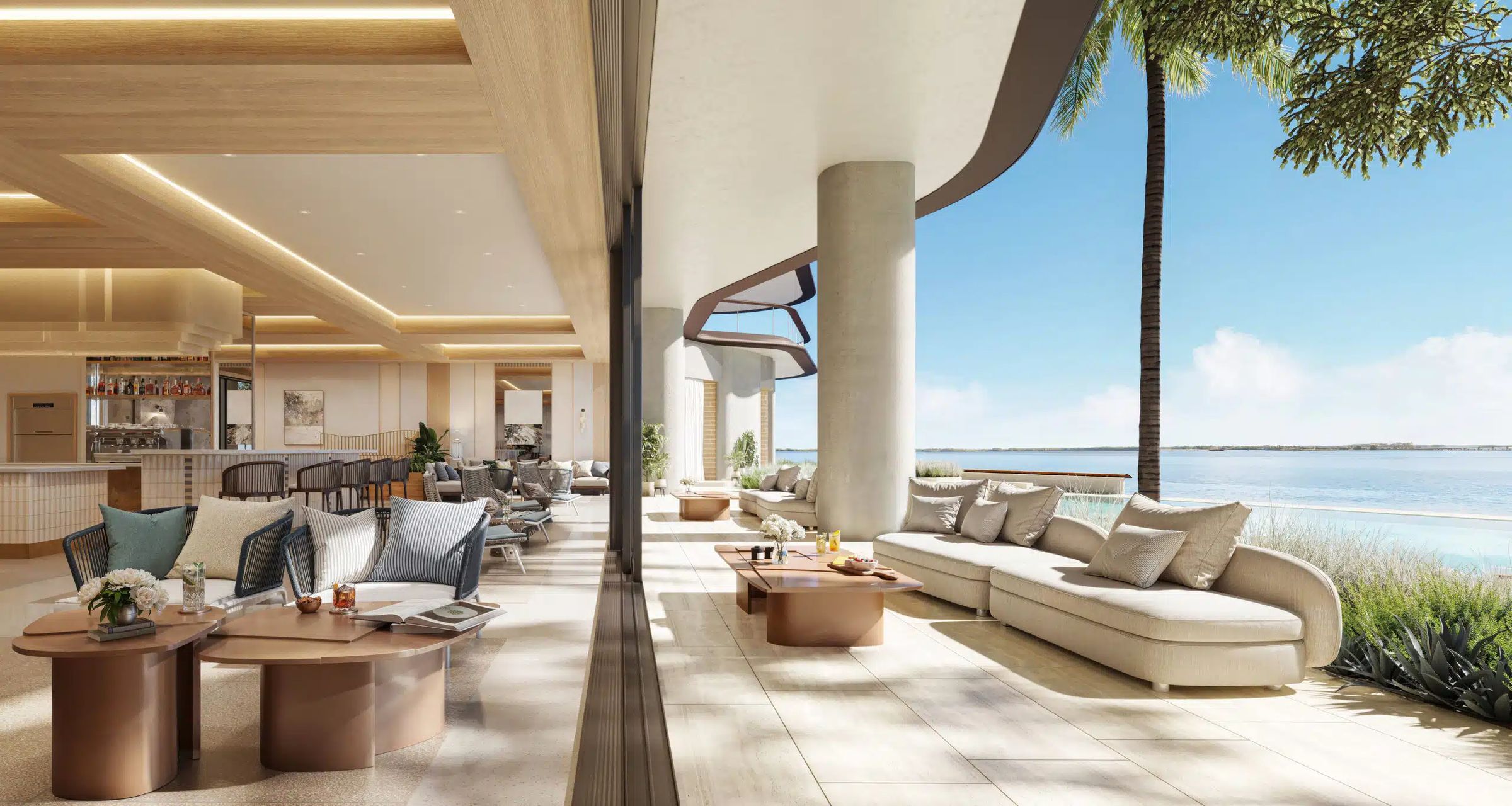 The Residences at Mandarin Oriental, Miami — pool café and lounge overlooking the bay