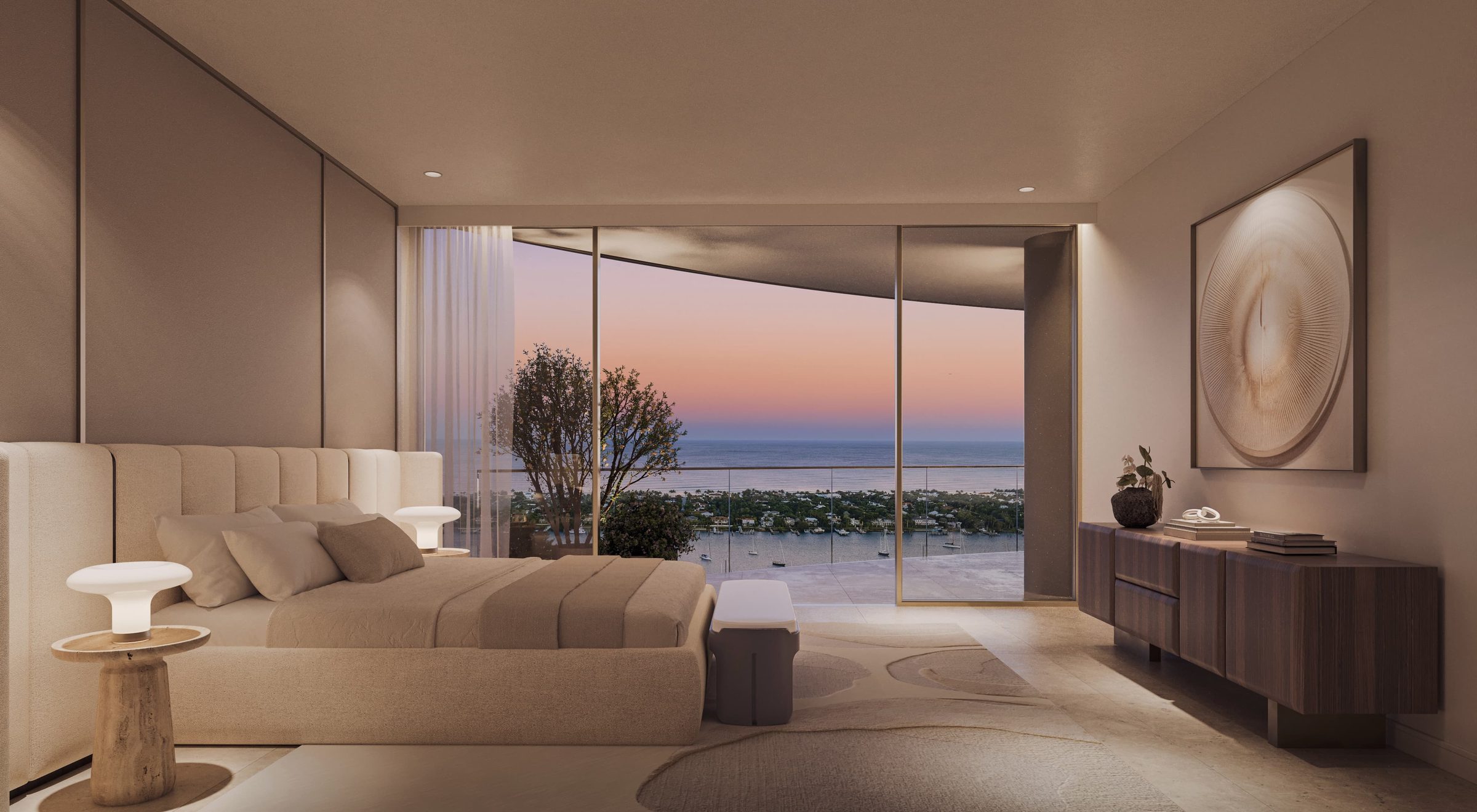 Mandarin Oriental Residences, West Palm Beach — primary bedroom at dusk