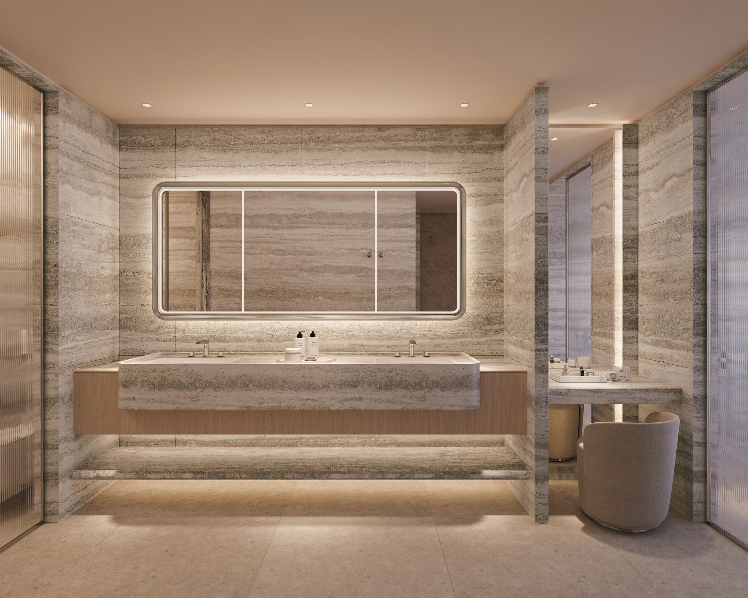 Mandarin Oriental Residences, West Palm Beach — primary bathroom in travertine