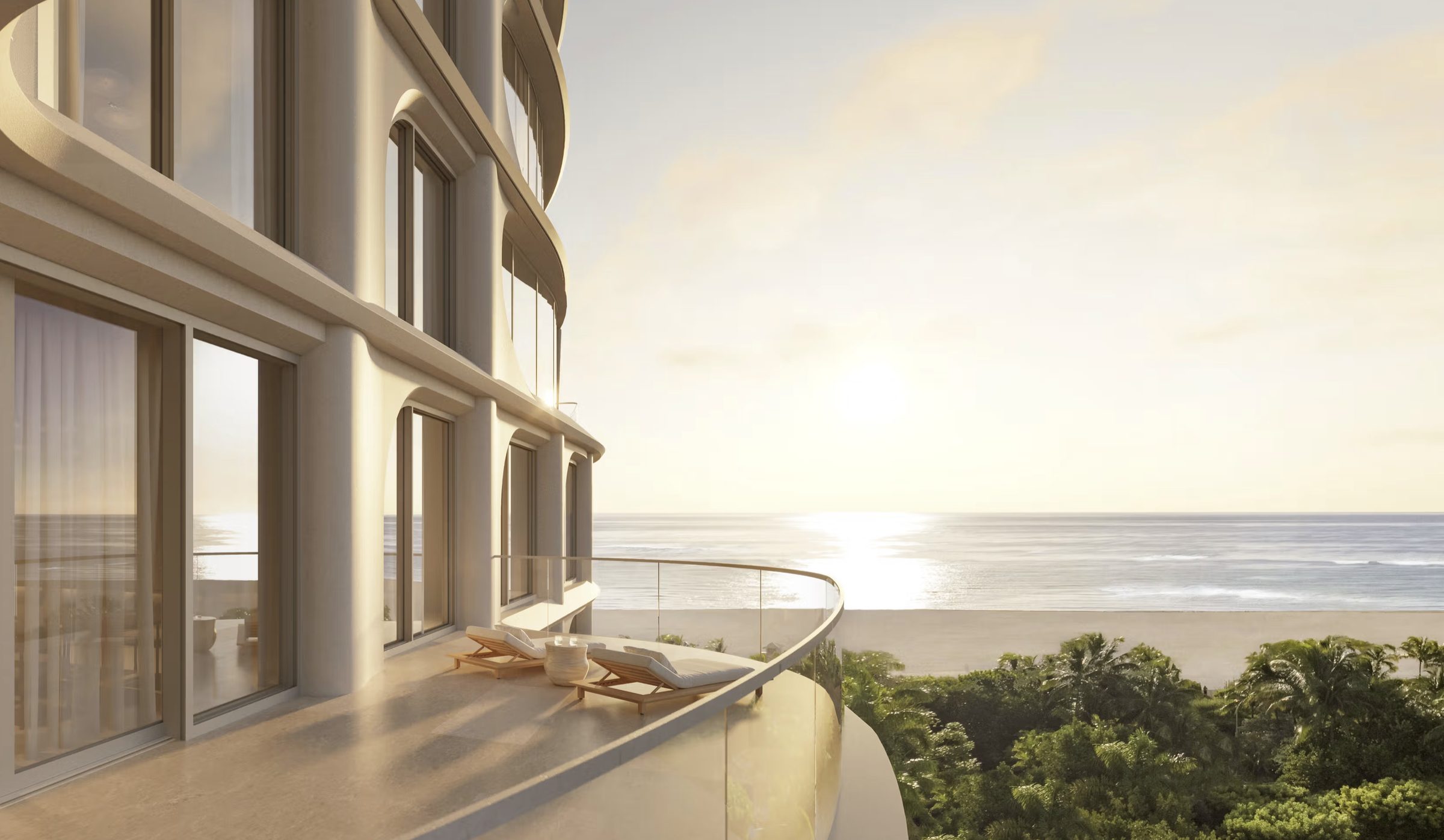 The Shore Club Private Collection — curved balconies over the ocean at sunrise