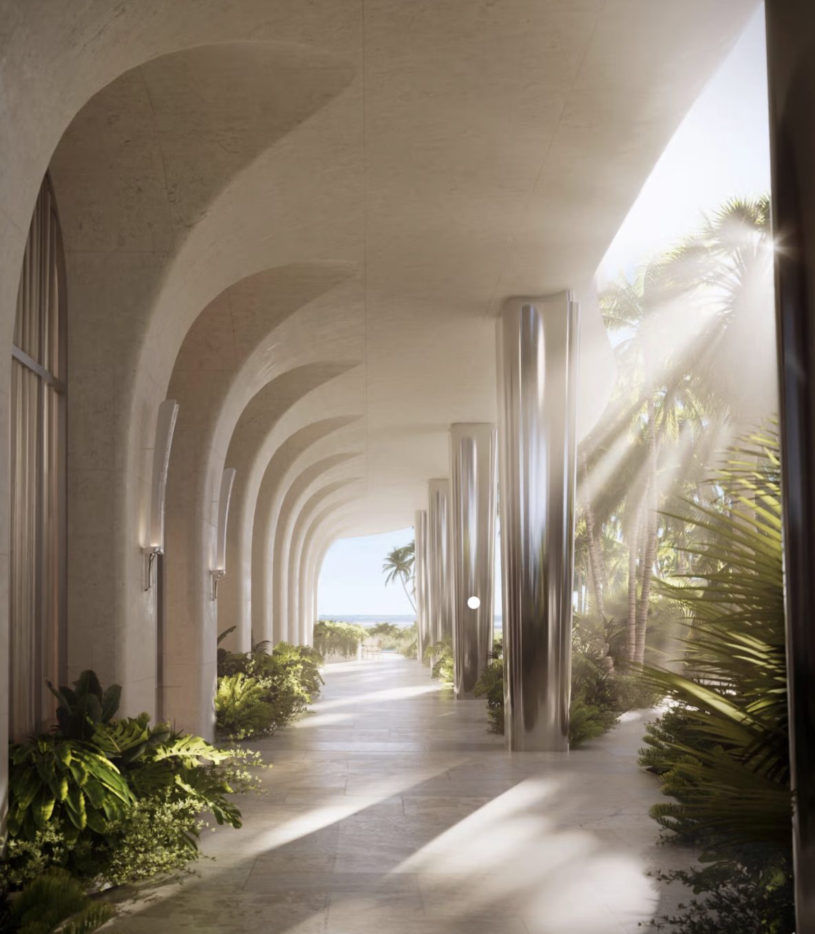 The Shore Club Private Collection — garden arcade leading to the beach