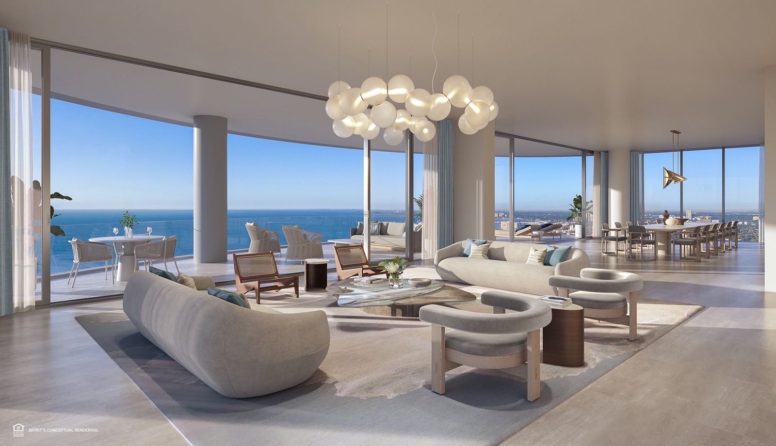 The St. Regis Residences, Miami — residence living room with floor-to-ceiling bay views