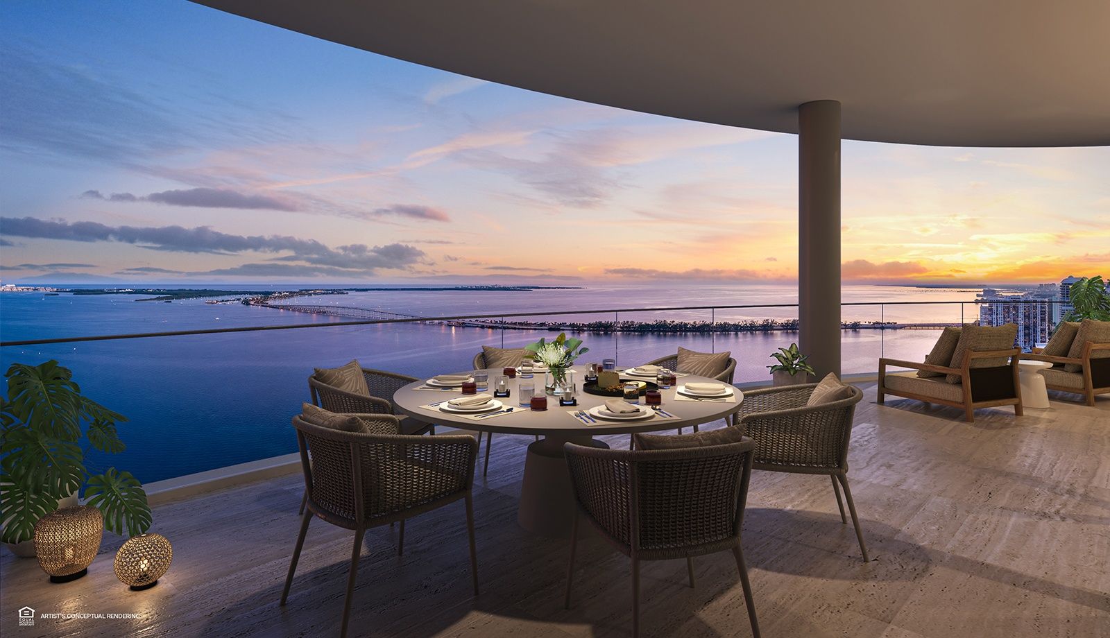 The St. Regis Residences, Miami — private terrace dining at sunset over Biscayne Bay