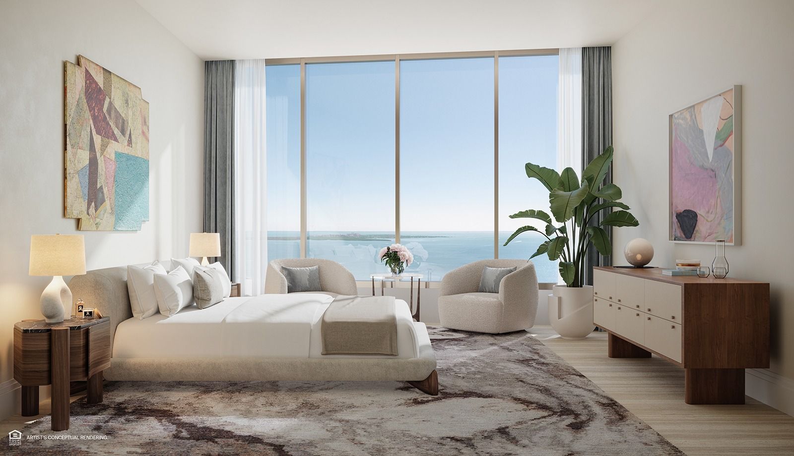 The St. Regis Residences, Miami — primary bedroom with bay views
