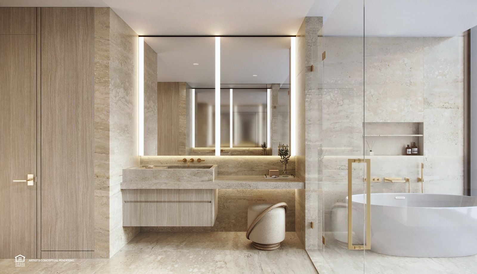 The St. Regis Residences, Miami — primary bathroom in stone and wood