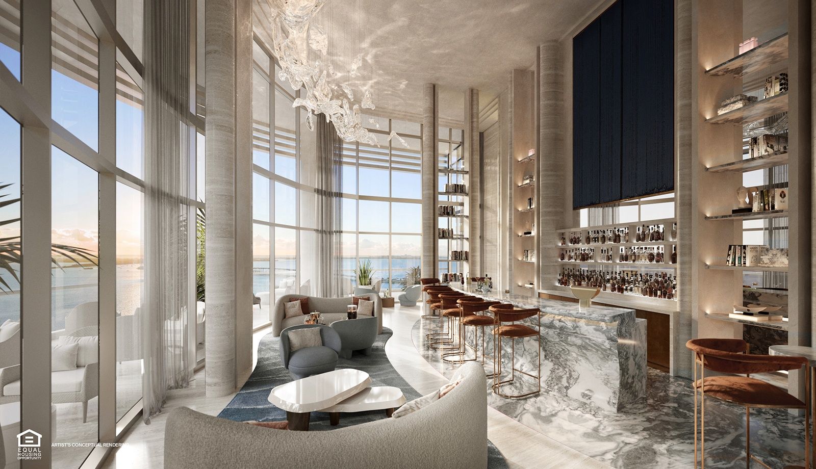 The St. Regis Residences, Miami — residents bar and lounge with bay views