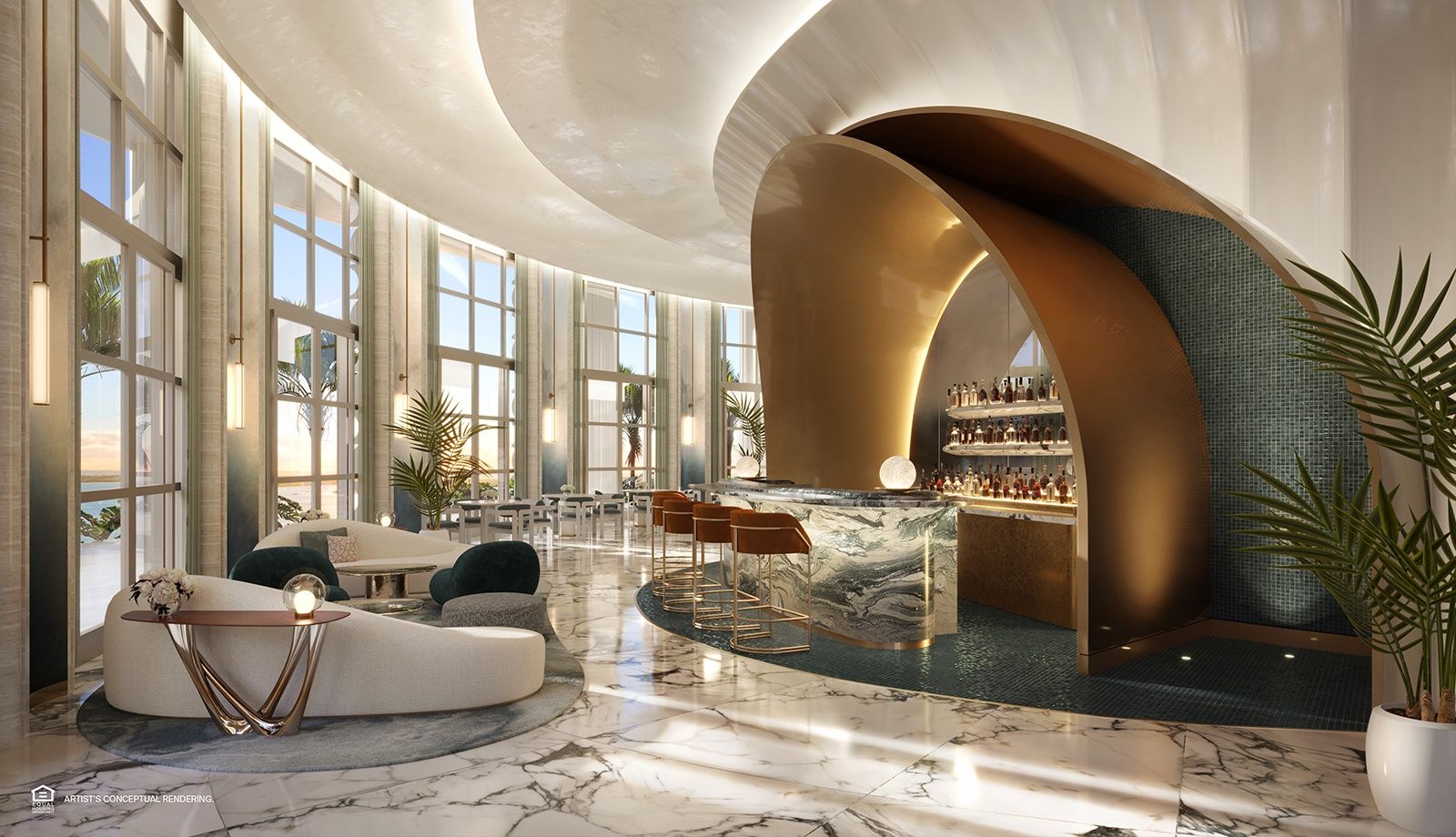 The St. Regis Residences, Miami — sculptural lounge and bar