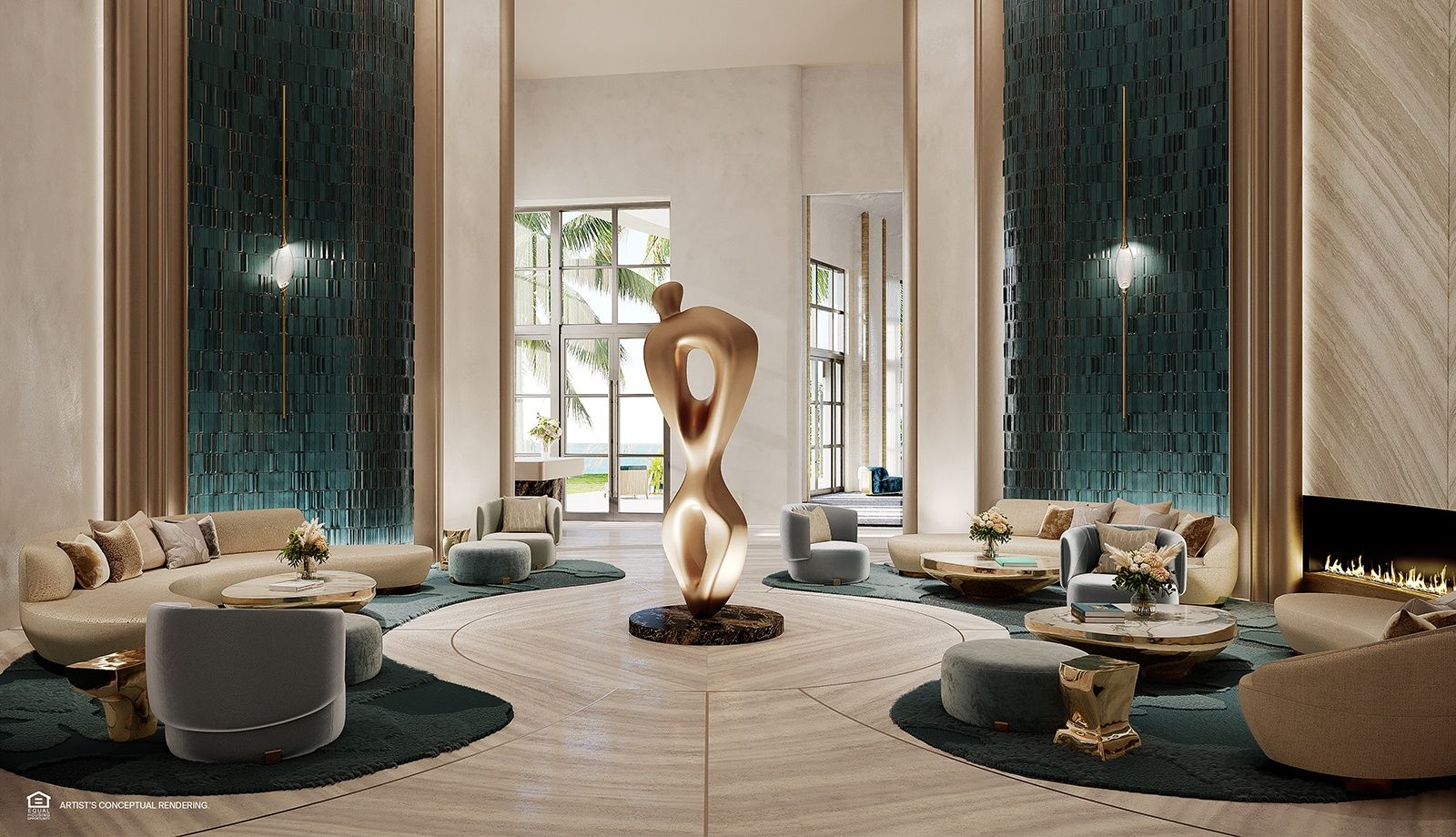 The St. Regis Residences, Miami — residents lounge with fireplace