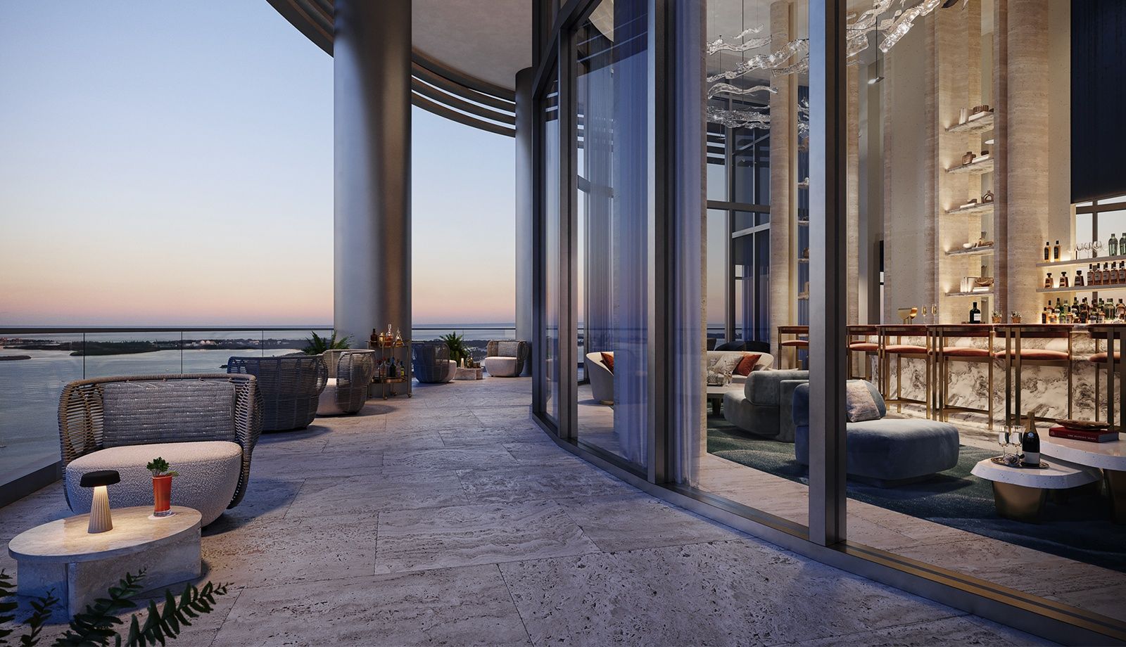 The St. Regis Residences, Miami — terrace lounge at dusk