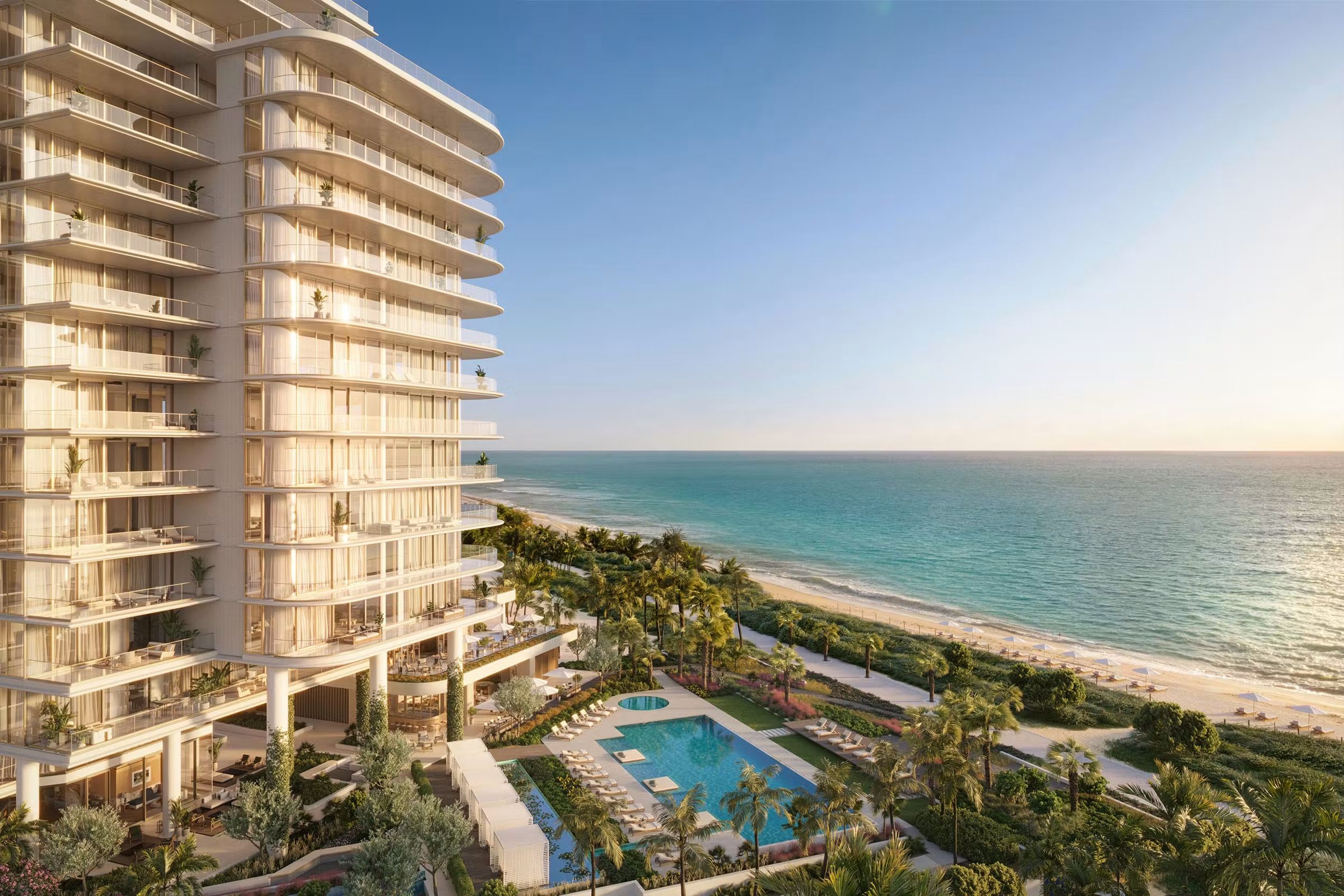 The Perigon Miami Beach — tower and shoreline seen from above the beach