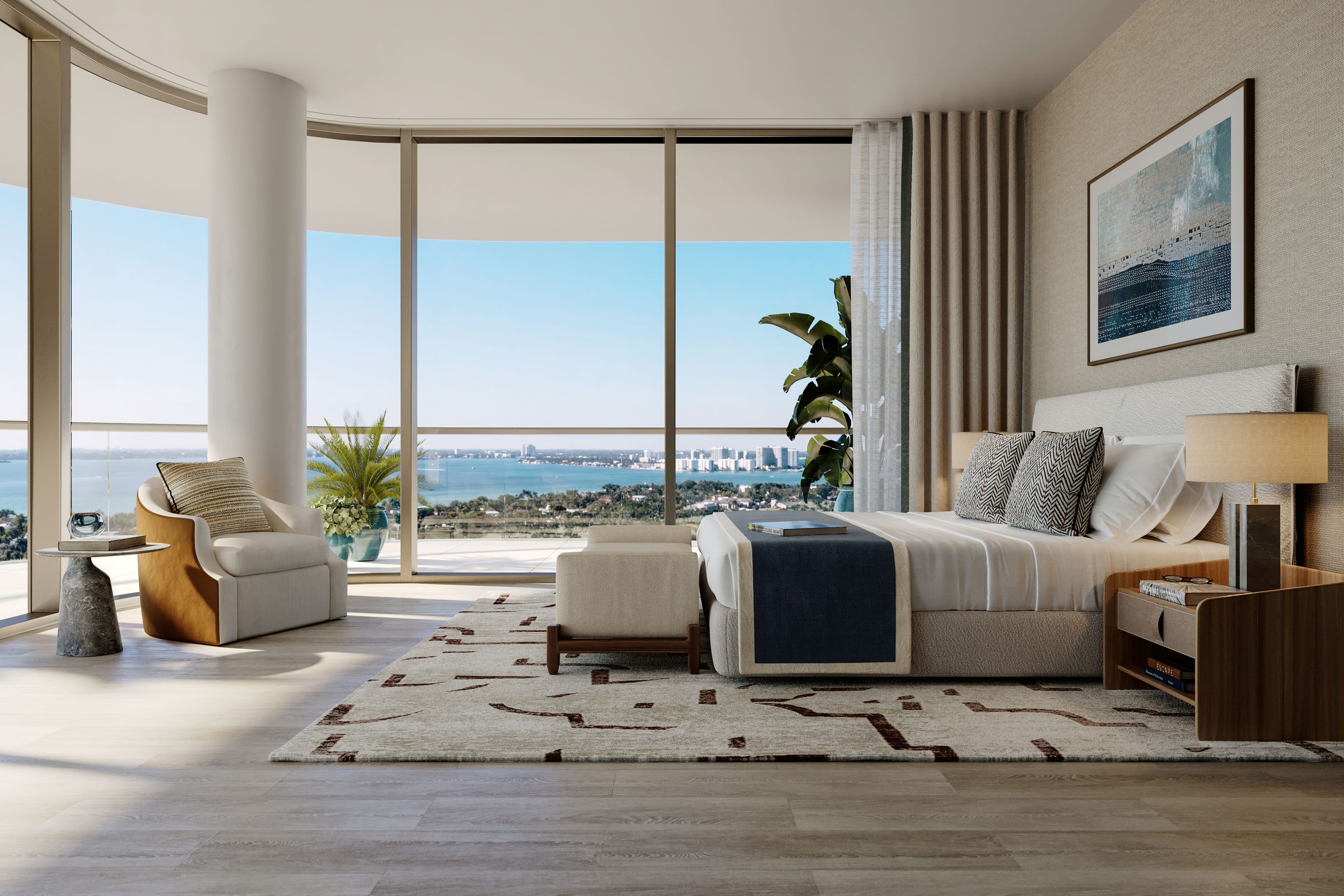 The Perigon Miami Beach — primary bedroom with bay views