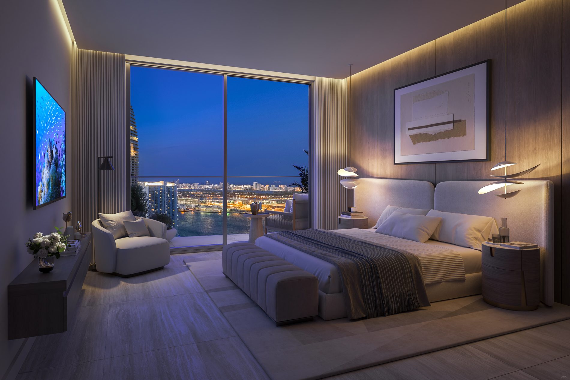 Viceroy Brickell — primary bedroom at night with city views