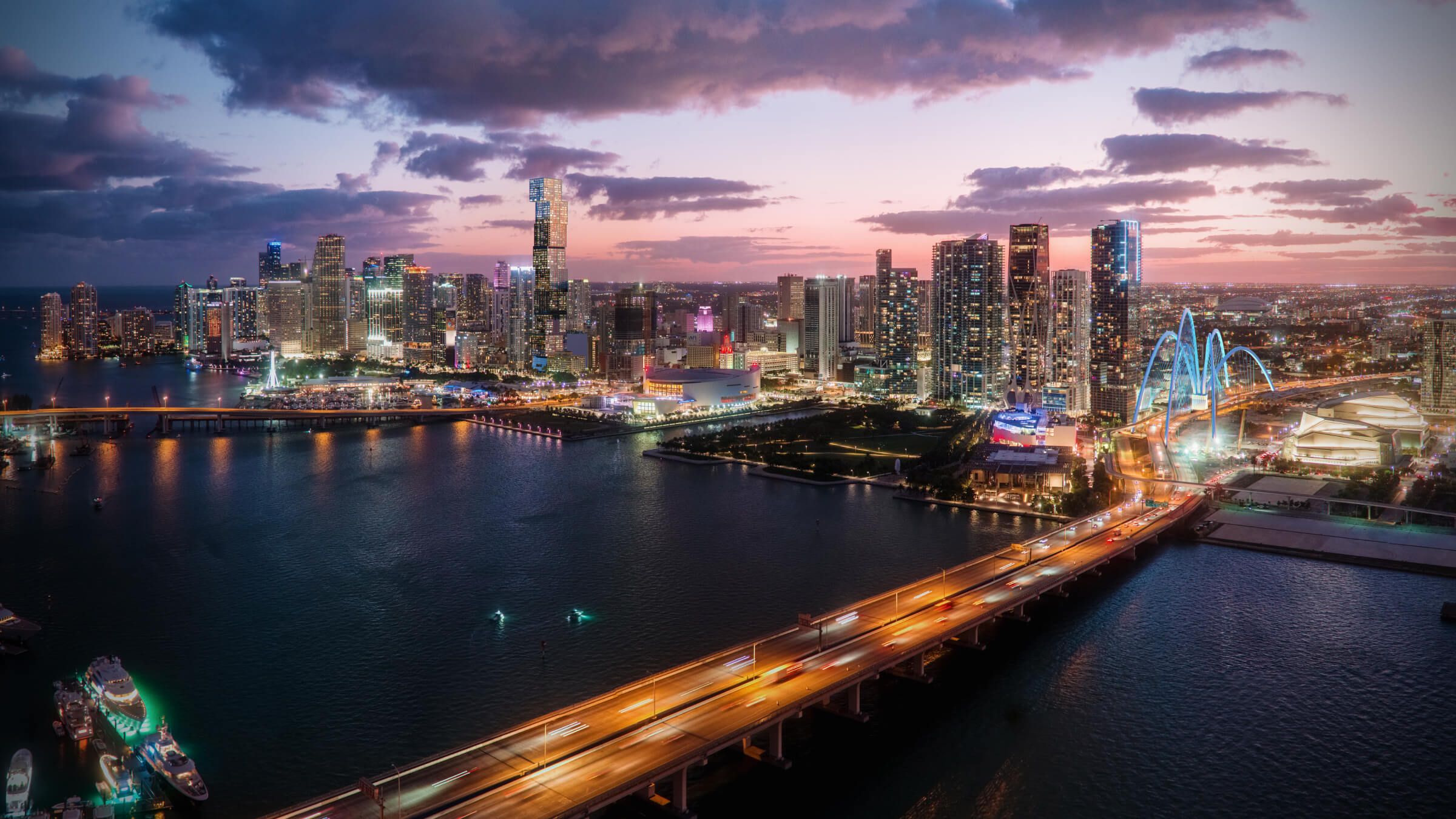 Waldorf Astoria Residences Miami — Downtown Miami skyline at dusk