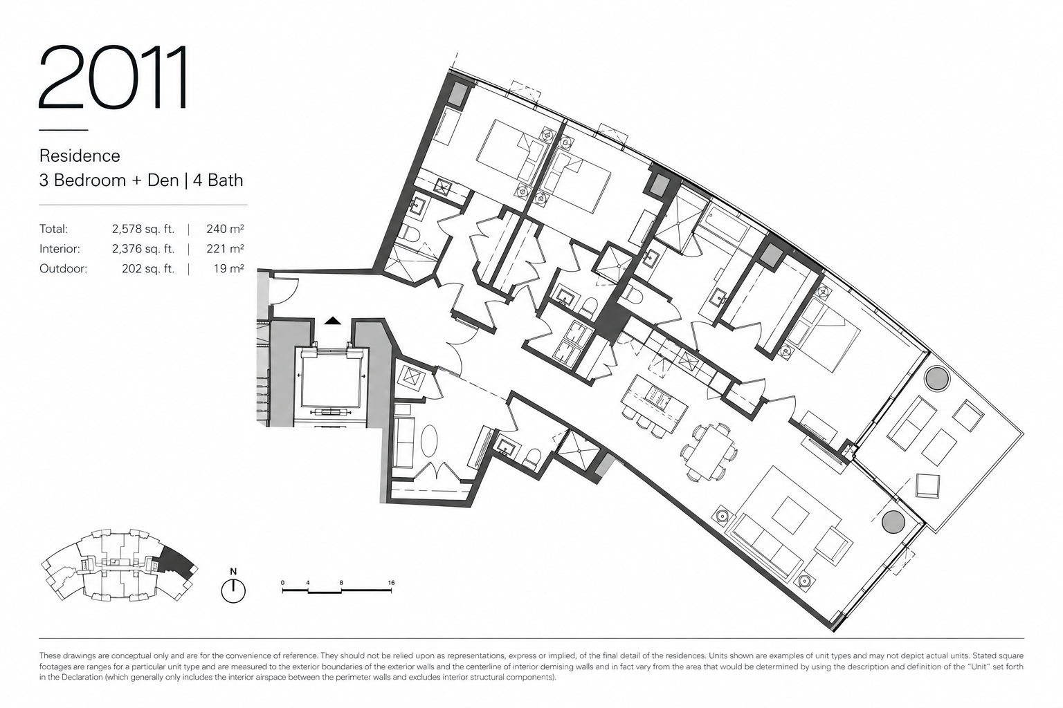 Residence 2011 dimensioned floor plan — 3 bedroom plus den, 4 bath