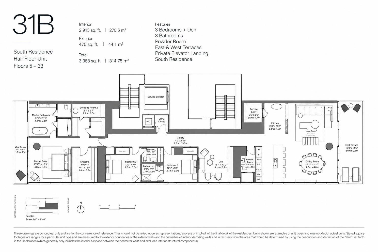 Residence 31B half-floor plan — 3 bedroom plus den with east and west terraces